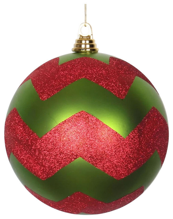 Chevron Commercial Christmas Ball Ornament, Lime Green/Red /Gold, 8"