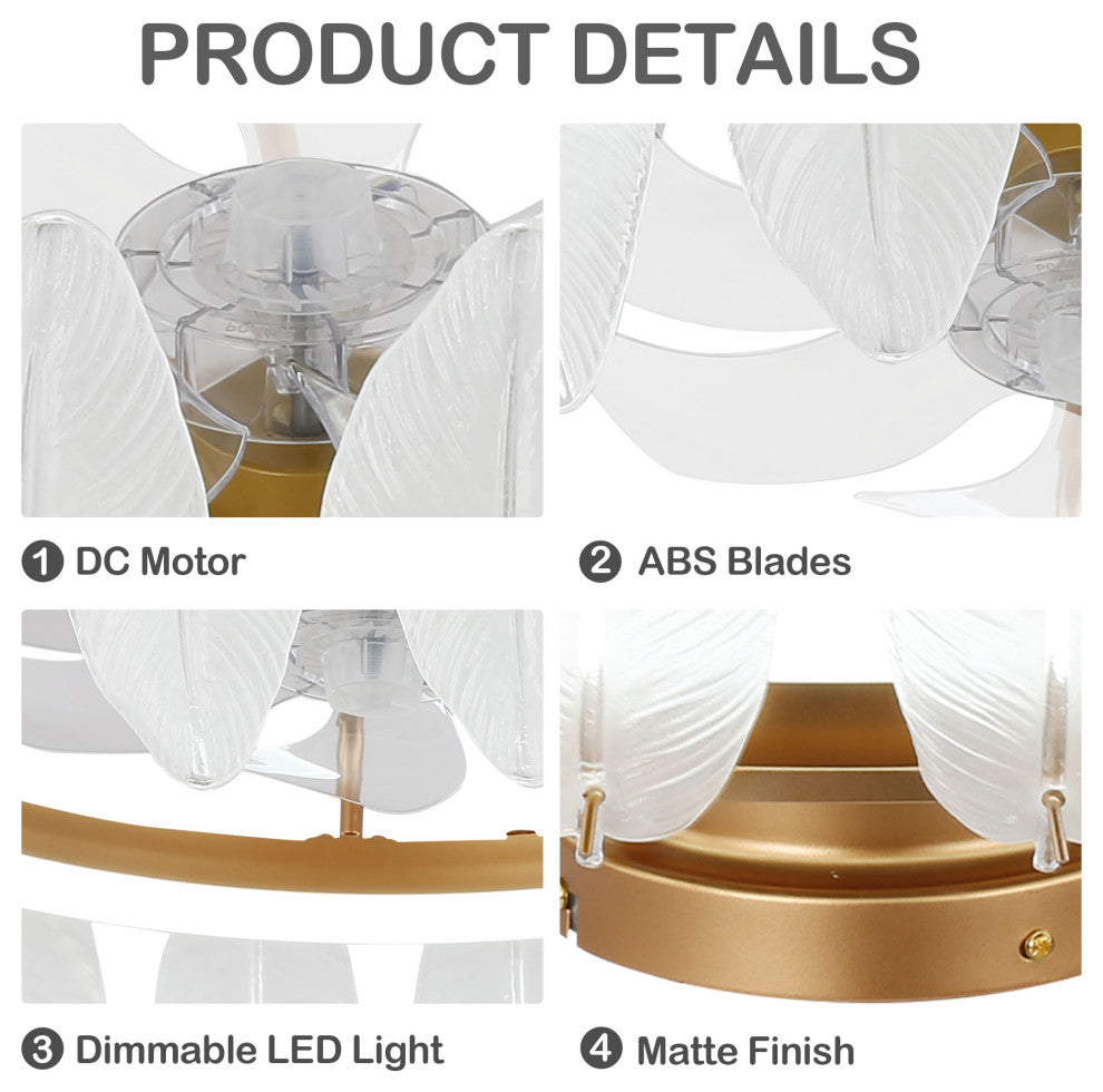 20" French Country Ceiling Fan with Remote Control and Dimmable Light, Gold