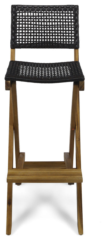 Elizabeth Outdoor 45" Rectangular 5-Piece Wood and Wicker Bar Height Set, Natural Wood