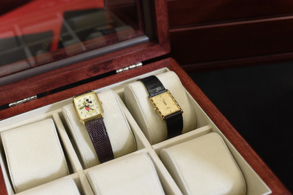 The Lieutenant; SIX Watch, Glass Top Chest featuring 6 Suede "watch pillows", Rich Mahogany