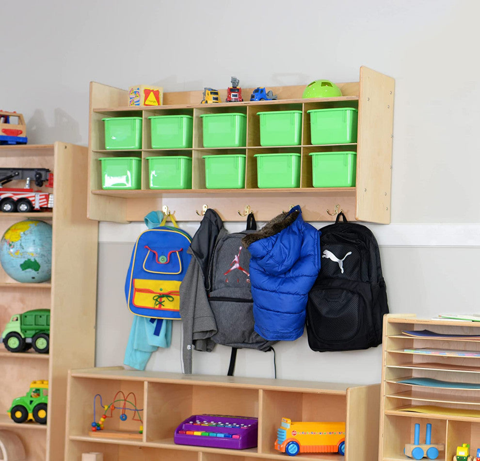10 Section Wood Cubbies Storage, Lime Green Bins, Wall Hanging Organizer
