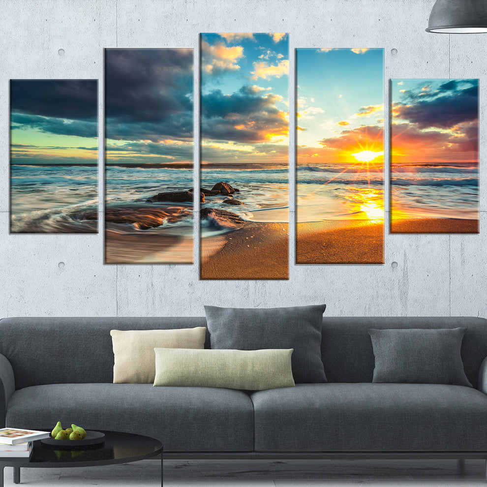 "Beautiful Cloudscape Over The Sea" Modern Beach Wall Art, 5 Panels, 60"x32"