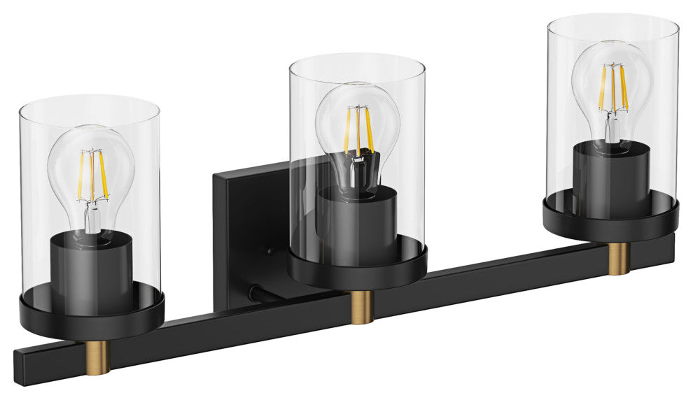 Farmhouse 3-Light Vanity Light Over Mirror With Clear Glass Shade, Black