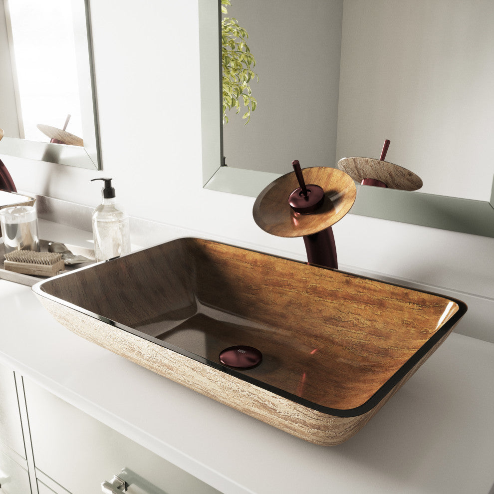 VIGO Donatello 23"L x 15"W x 5"H Glass Rectangular Vessel Bathroom Sink, Light Wood