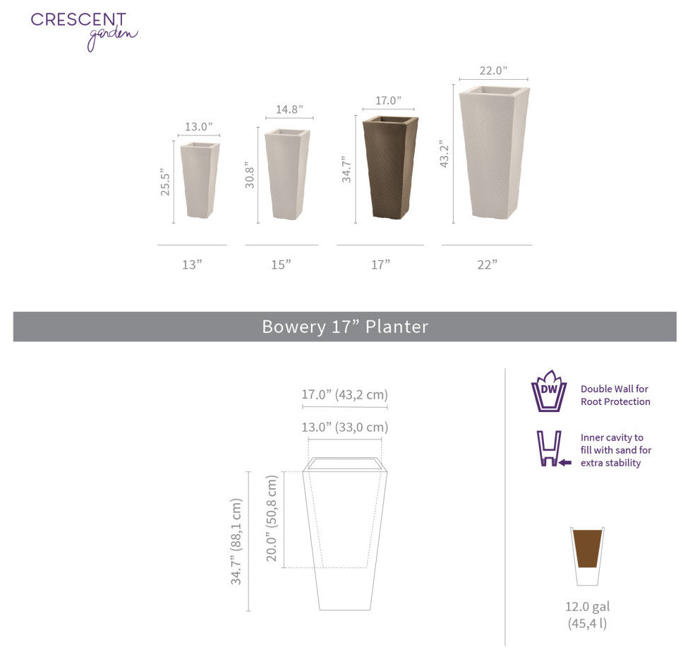 Bowery Indoor/Outdoor Tall Square Pot with Sand Cavity, Mocha, 17"