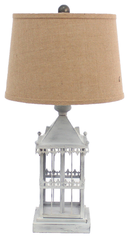 26" Gray Metal Table Lamp With Brown Drum Shade