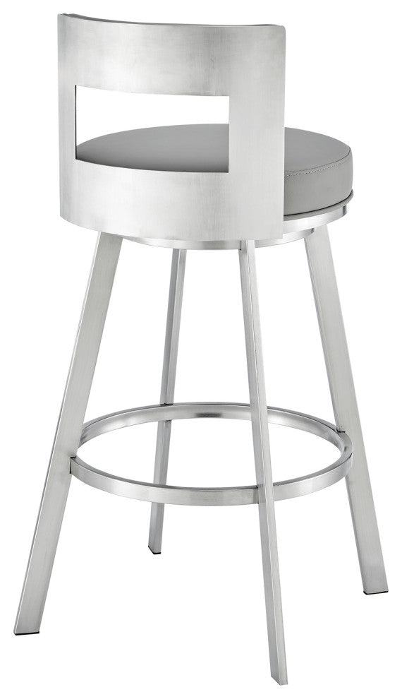 Lynof Swivel Counter Stool With Faux Leather, Light Gray, Brushed Stainless Steel