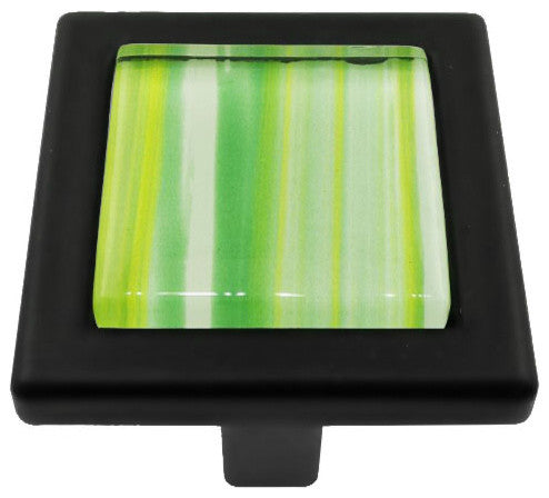 Hand Brushed Yellow Green Stripes Crystal Glass Black Metal Square Manor Knob
