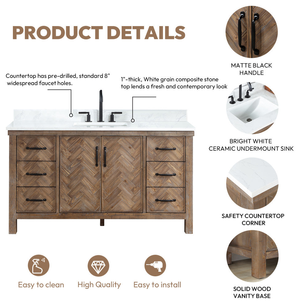 Javier Bath Vanity, Composite Stone Top, Antique Gray, 60", Single Vanity, No Mirror