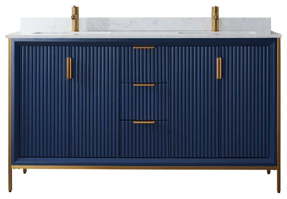 Granada Vanity With White Composite Stone Top, Royal Blue, 60", Without Mirror