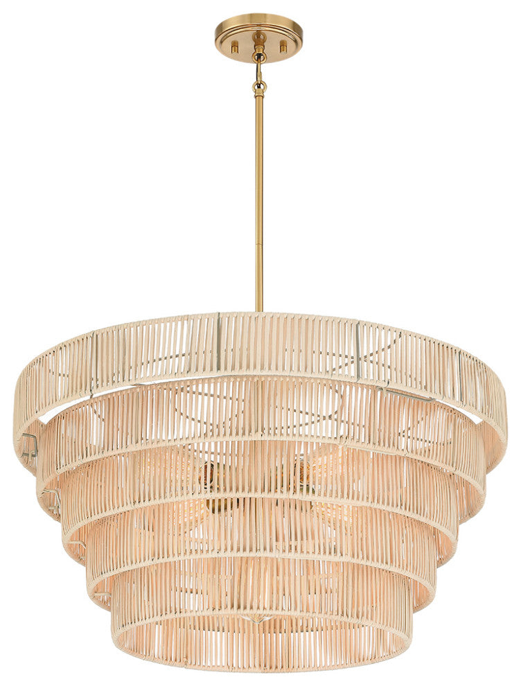 26" W 5-Light Brass Modern Bohemian Chandelier With Tiered Rattan Shade