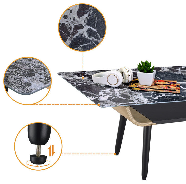 Landon Coffee Table with Glass Marble Texture Top and Bent Wood Design, Black