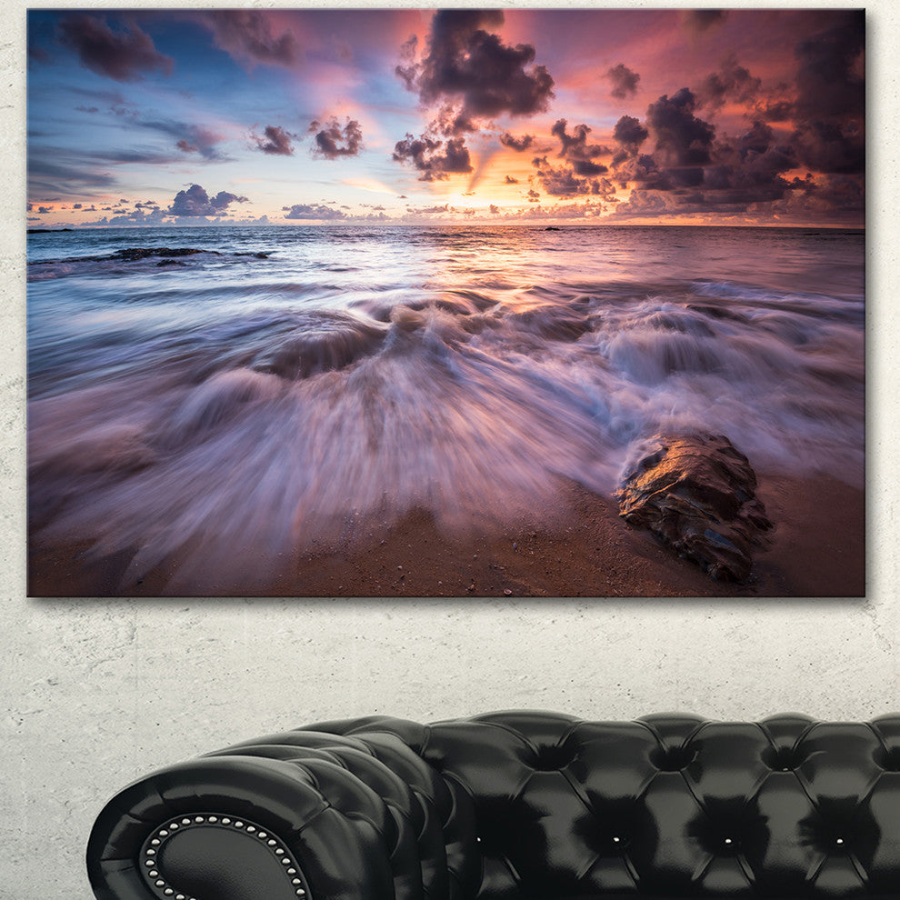 Beautiful Sea Waves At Sunset, Beach Photo Canvas Print, 40"x30"