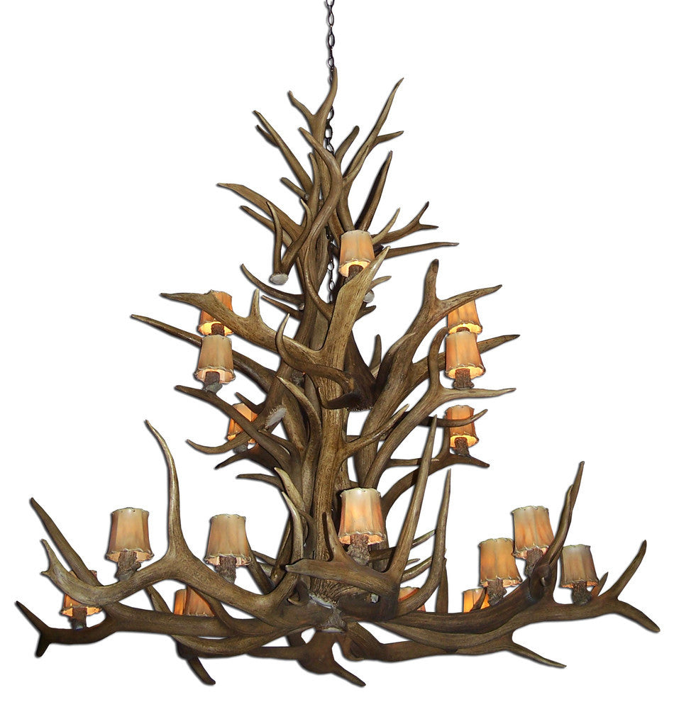 Elk Cascade Deer Antler Chandelier Light, Large, Rawhide Shades