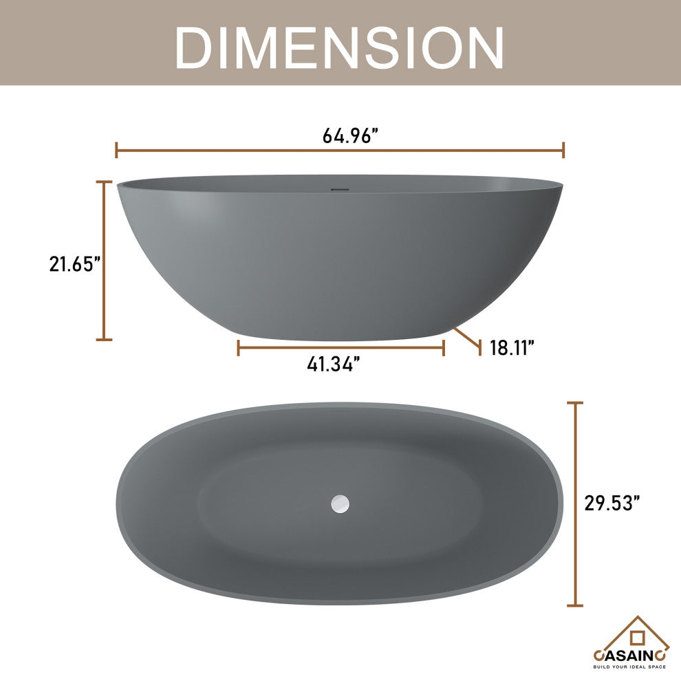 65in Solid Surface Freestanding Bathtub in Matte Black, Matte Grey