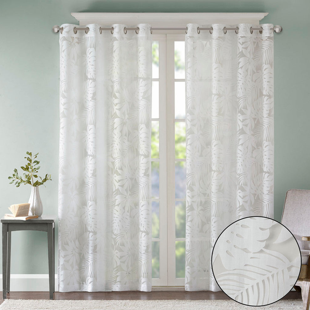 Madison Park Leilani Palm Leaf Burnout Window Sheer, White