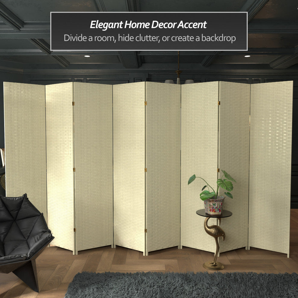 7' Tall Woven Fiber Room Divider, Cream, 8 Panel