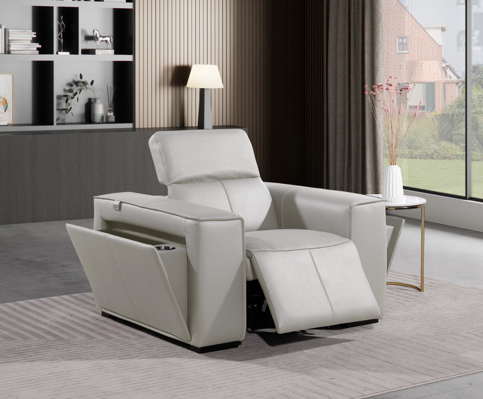 Niccolo Italian Leather Power Reclining Arm Chair With Headrests, Light Gray