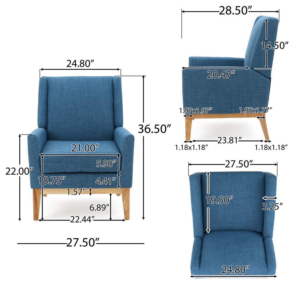 GDF Studio Kronen Mid Century Design Fabric Accent Chair, Muted Blue