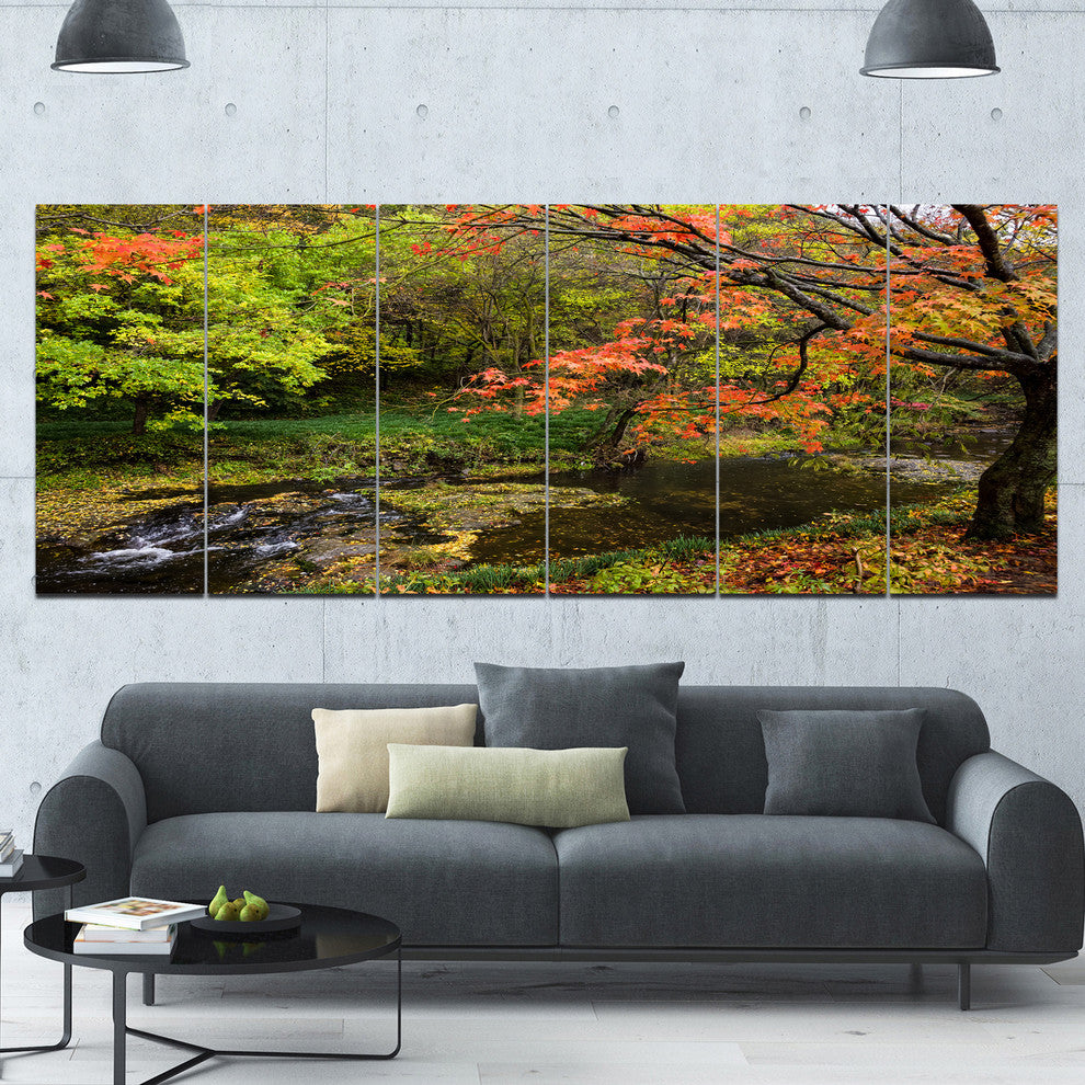 Fall Trees in Bright Colors, Landscape Canvas Art Print, 70"x28", 6 Panels