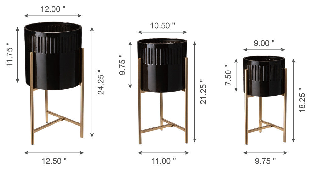 Set of 3 Modern Glossy Metal Plant Stands, KD, Black / Gold