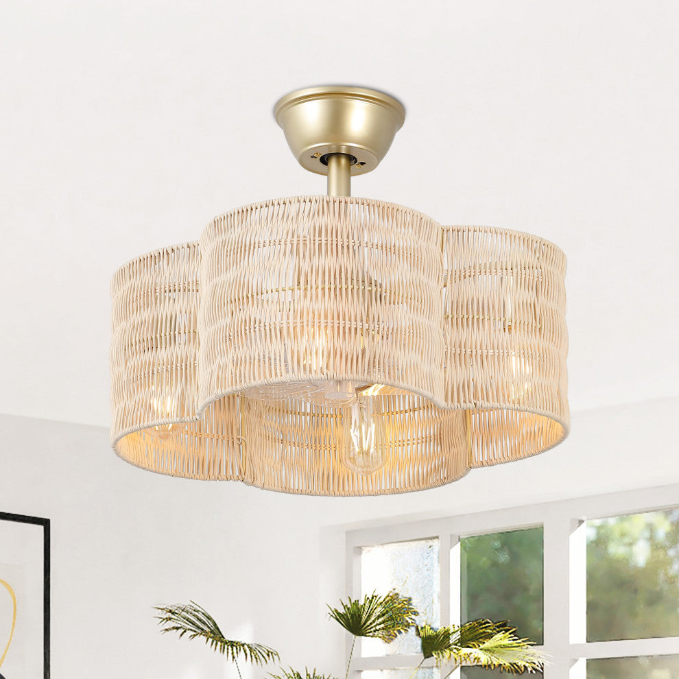 GetLedel 19.7" Scalloped Rattan Ceiling Fan With Remote and Light, Beige