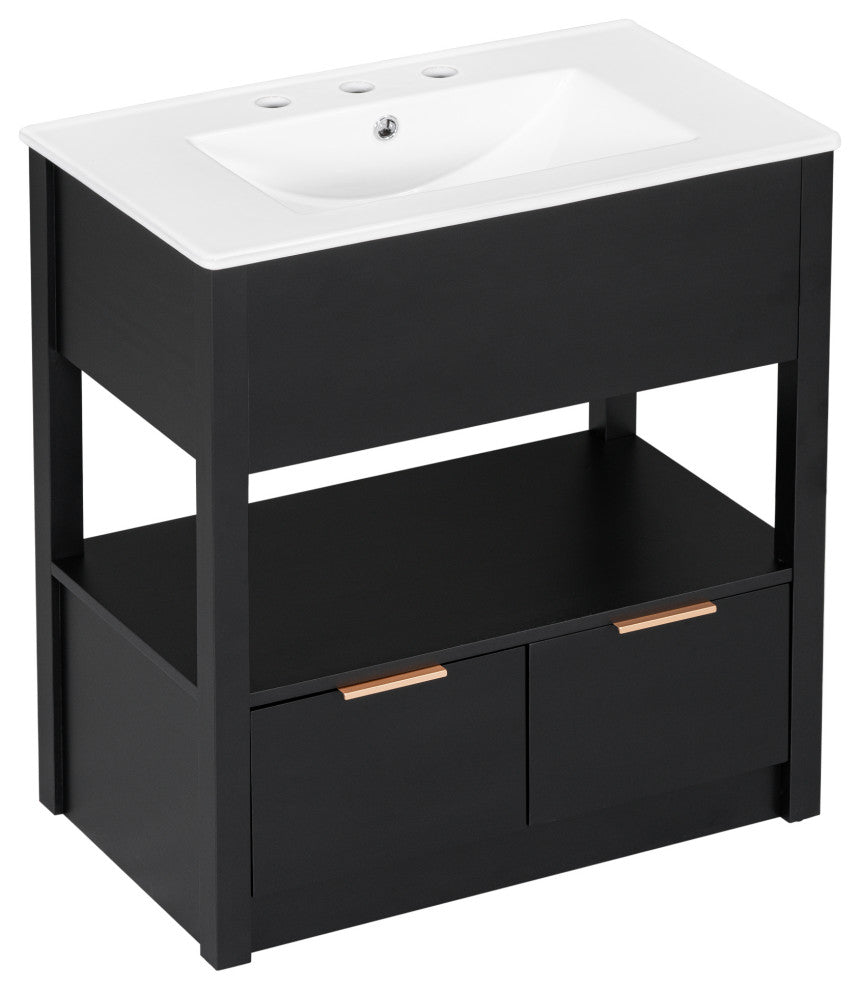 GDF Studio 30"W Vanity With Ceramic Sink, Open Shelf & Two Drawers, Black