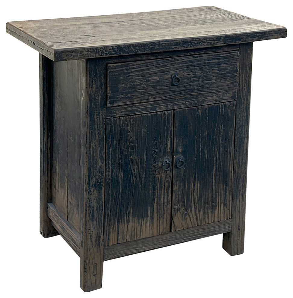 Distressed Rustic Black Rough Grain Wood Side Table Nightstand Cabinet Hws4315