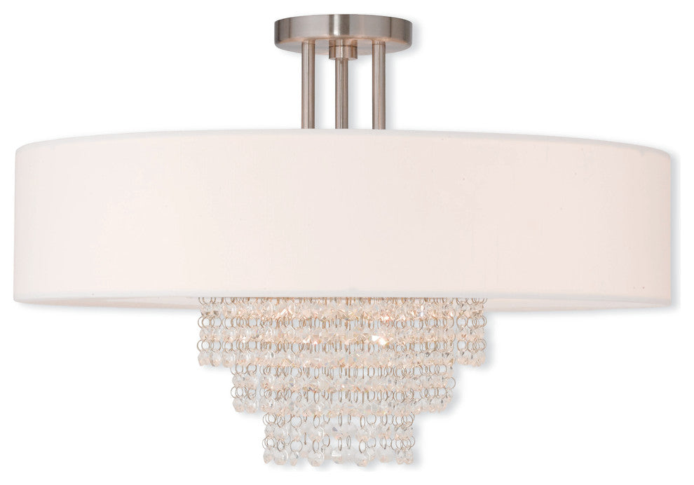 Ceiling Mount With Clear Crystals and Off-White Fabric, Brushed Nickel