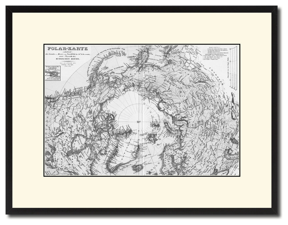 North Pole Stieler Vintage B&W Map Canvas Print, 16"x21"