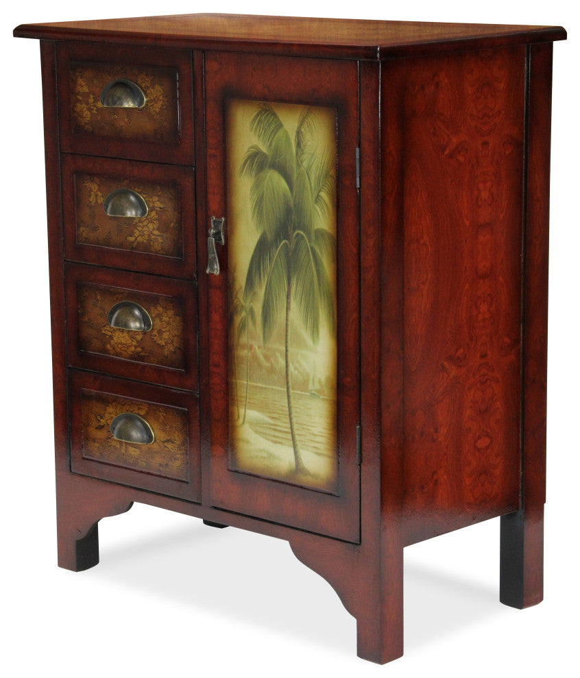 Wooden Cabinet With 4-Drawers, 1-Door, Burlwood Veneer