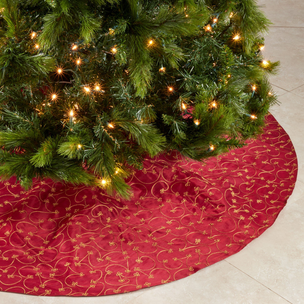 Christmas Tree Skirt With Ari Embroidered Design, 52"x52", Burgundy