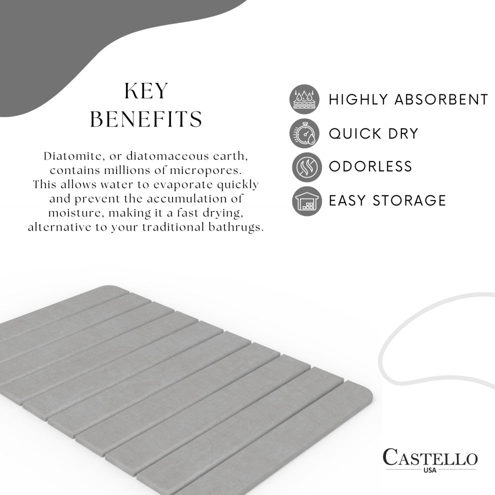 CastelloUSA Diatomite Quick-Dry Stone Bath Mat, 34"x21" , Large, Gray