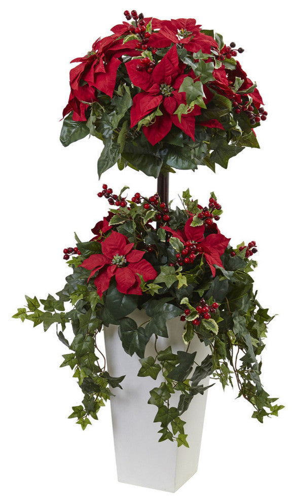 4' Poinsettia Berry Topiary With Decorative Planter