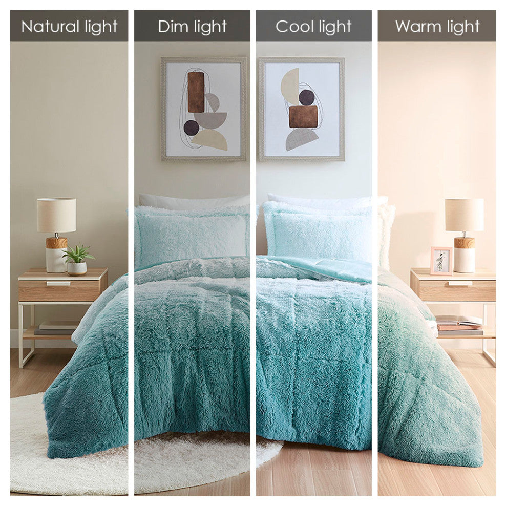 Intelligent Design Brielle Ombre Shaggy Long Fur Comforter Mini Set, Aqua