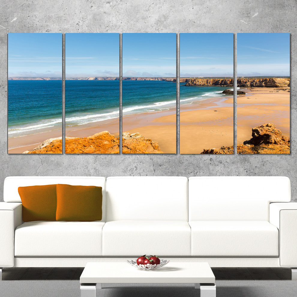 "Serene Rocky Bay Portugal" Seashore Canvas Art, 60"x28", 5-Panels