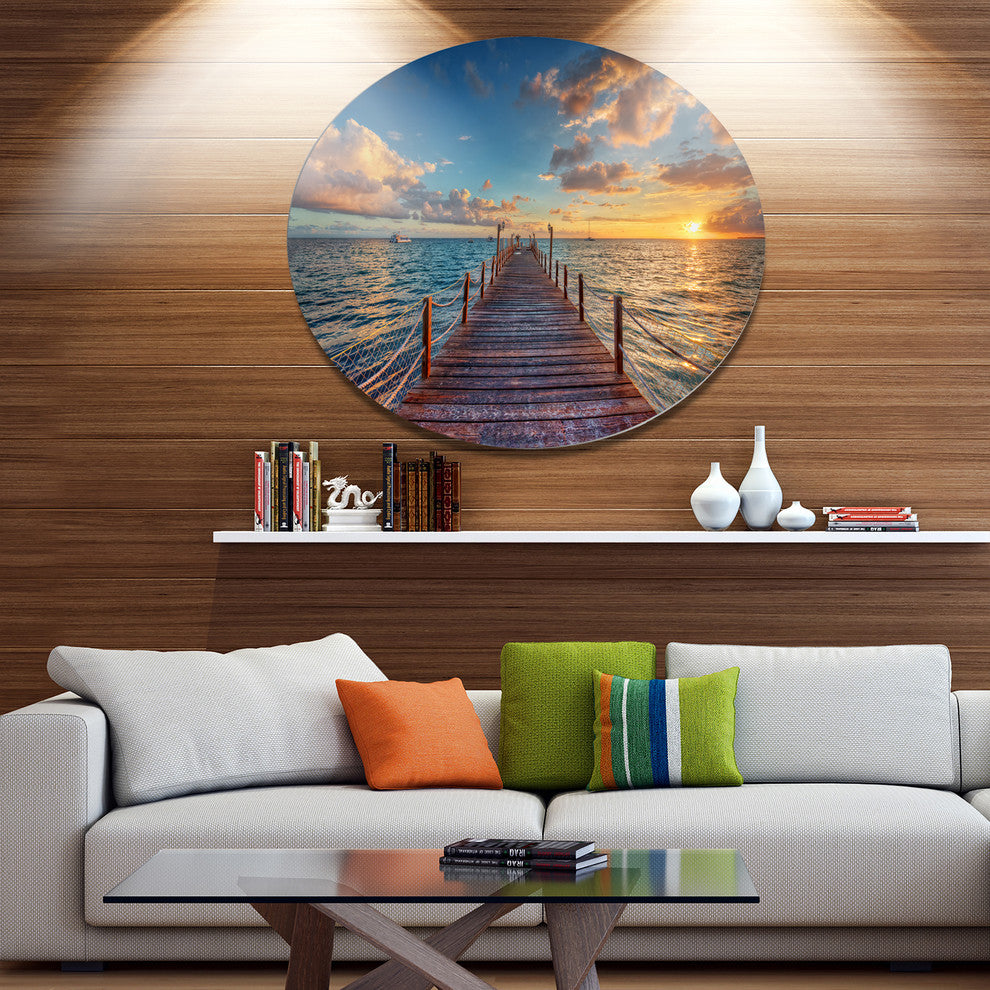 Brilliant Sunrise Over Sea Pier, Modern Bridge Round Wall Art, 36"