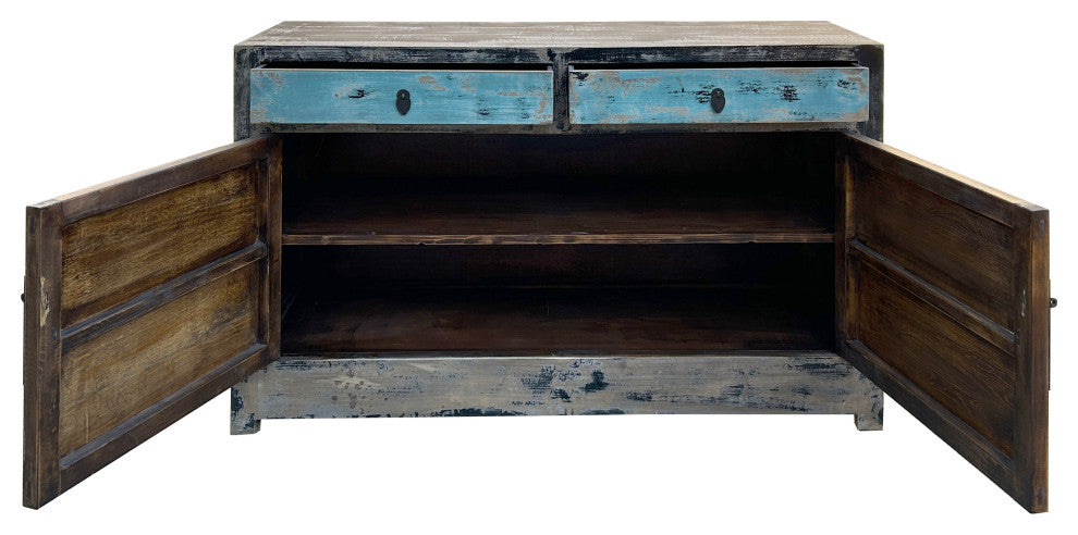 Distressed Black Rim Light Blue Doors Credenza Sideboard Console Table Hws4358