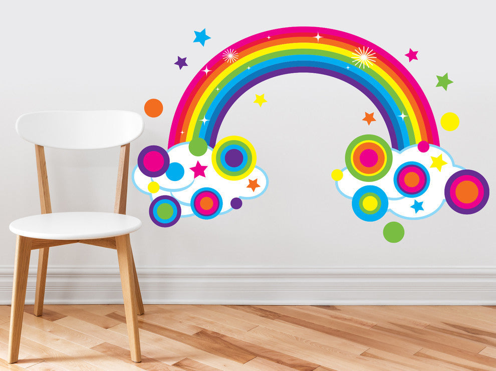 Bright Rainbow Fabric Wall Decal With Polka Dots and Stars, Size Large