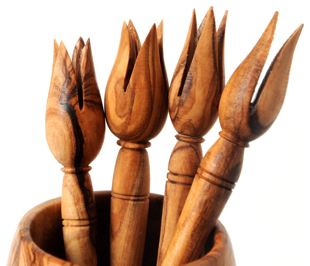 Handmade Olive Wood Olive Picks, Set of 4