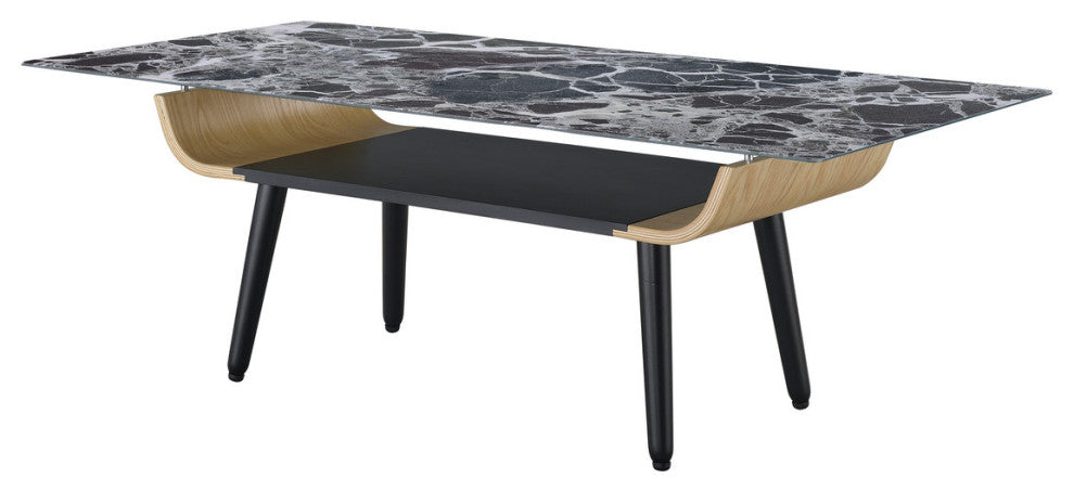 Landon Coffee Table with Glass Marble Texture Top and Bent Wood Design, Black