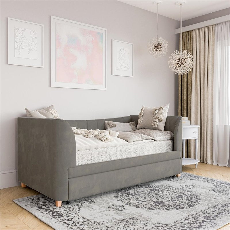 Little Seeds Valentina Upholstered Twin Daybed with Trundle in Gray Velvet