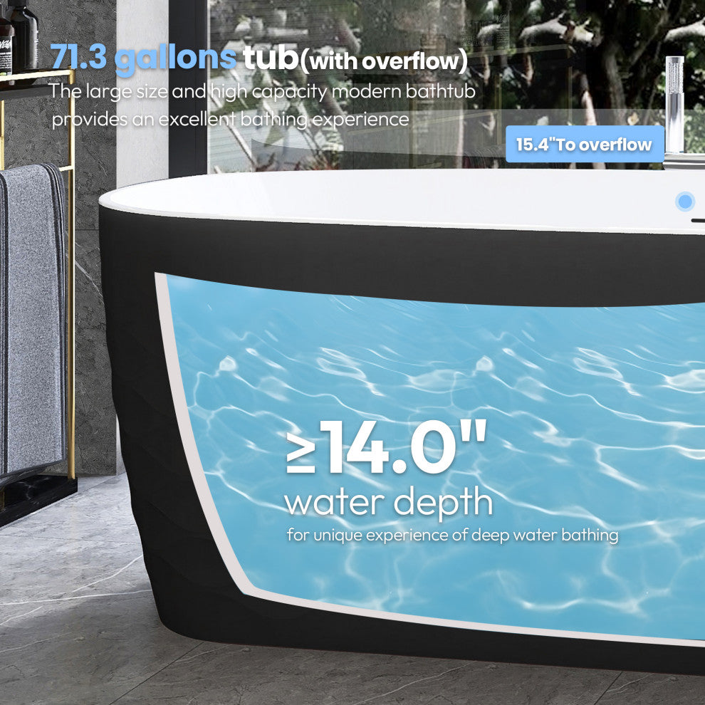 London Freestanding Acrylic Soaking Bathtub, Black, 66.9"l X 31.5"w