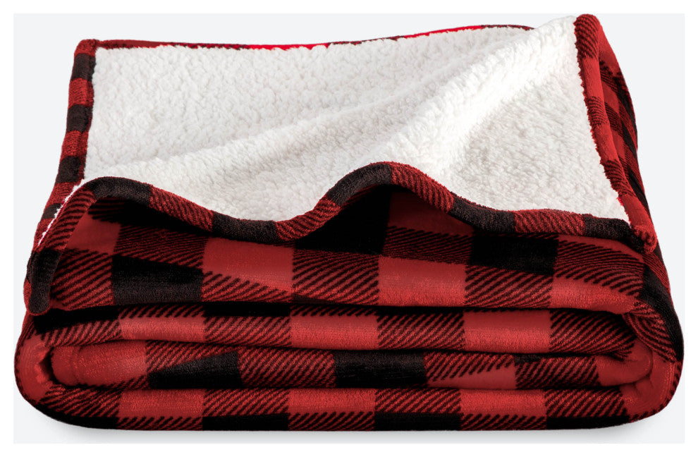 Fleece Sherpa Blanket, Buffalo Plaid Red/Black, Full/Queen