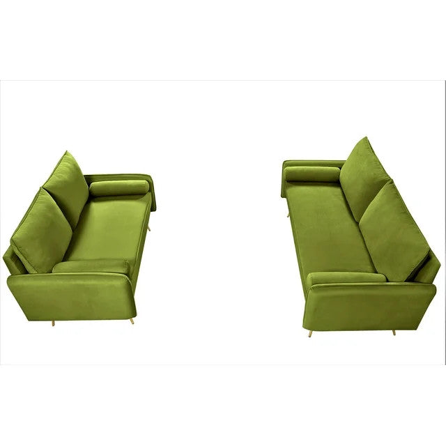Modern Velvet Living Room Set: Sofa and Loveseat with Sleek Golden Legs, Olive Green