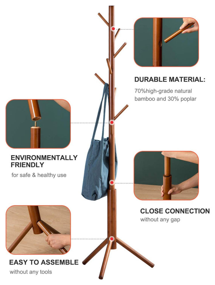 Bamboo Coat Rack Freestanding Stand Tree Adjustable Coat with 3 Sections 8 Hooks