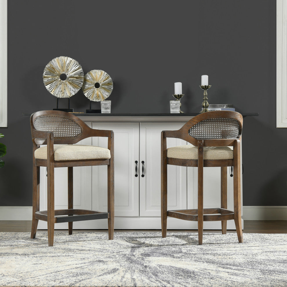 Americana Mid-Century Modern Rattan Cane Back Stool, Taupe Beige Textured Weave, 26" Counter Height