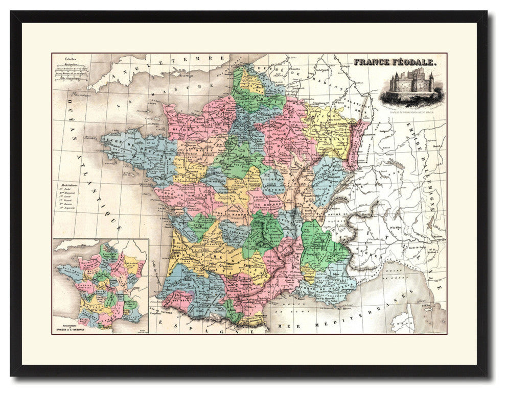 Midlevel France Crusades Map Print On Canvas With Picture Frame, 28" X 37"