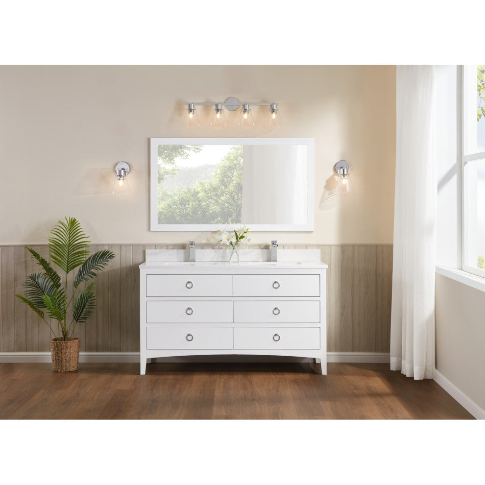 Vanity With Mirror, Sconce and Faucet Included, White, 60"