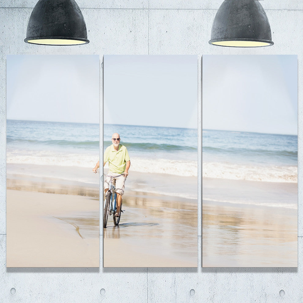 "Smiling Senior Man Riding Bike" Metal Wall Art, 3 Panels, 36"x28"